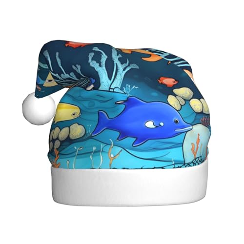 Blaue Unterwasserwelt der Fisch-Weihnachtsmütze für Erwachsene. Festliche Weihnachtsmütze mit Bommel, Unisex-Kappe für Weihnachtsfeiern. von Yizhiyz