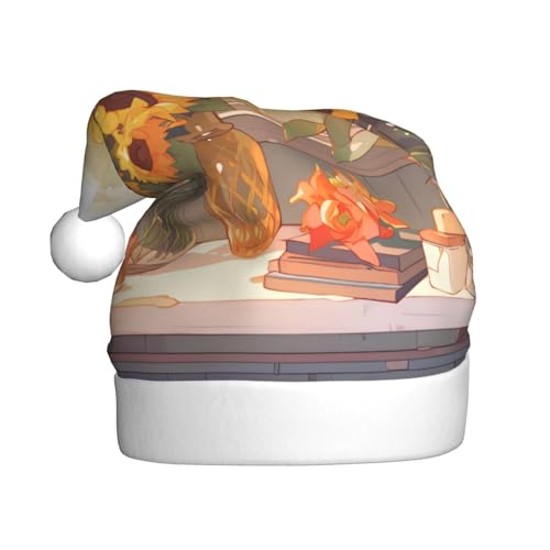 Weihnachtsmütze mit Sonnenblumen unter der Fensterbank für Erwachsene. Festliche Weihnachtsmütze mit Bommel, Unisex-Kappe für Weihnachtsfeiern. von Yizhiyz