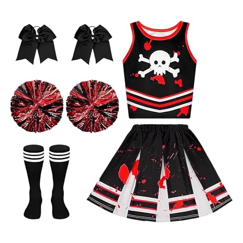 Yjkedfh Cheerleader Kostüm Für Mädchen | Halloween Party Verkleidung | Blutiges Cheerleader Outfit Für Mädchen Bühnenauftritt Thematische Events Karneval Geburtstagsparty von Yjkedfh