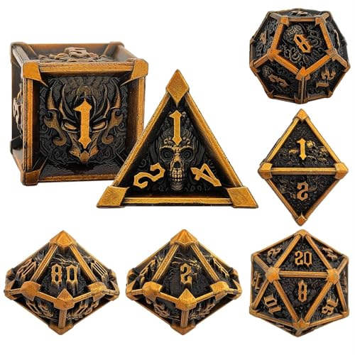7PCS Solid Metal DND Würfel Set, Drachenschädel Rollenspiel D&D Würfel, DND Metall Würfel Set, Polyeder Metall Würfel Set für Pathfinder Warhammer RPG Brettspiele Vintage Golden von YlobdolY