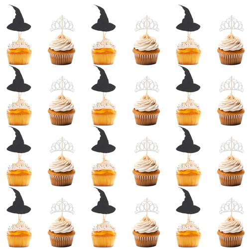 Ymapinc24 Stück Hexenhut Cupcake Deko Kronen Cake Topper Geburtstag Cute Muffin Dekorationen Happy Birthday Deko für Familienfeiern Feiertagspartys Maskenbälle von Ymapinc