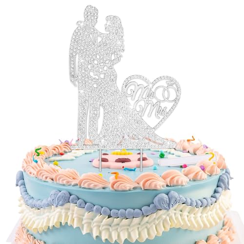 Ymapinc Silber Strass Tortendeko Hochzeit，Mr und Mrs Tortenstecker Cake Topper Hochzeit Metall Hochzeitstorte Deko Elegante Mr & Mrs Hochzeitdeko Jahrestag Verlobung Brautparty von Ymapinc