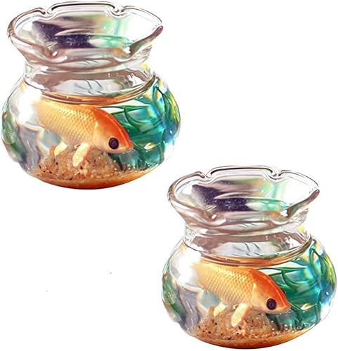 2 Stück Miniatur-Fischschalen-Set, runde Harz-Fischtanks mit Goldfischgras, Puppenhaus-Zubehör, Dekoration für Puppenhaus Desktop Handwerk Projekt Dekor von Ymhapp