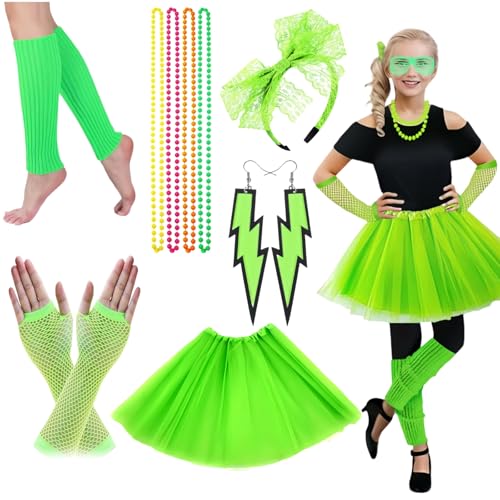 Ymoryiyi 80er/90er Jahre Outfit Damen Neon Kostüm Set | Tutu + 4 Halsketten + Blitz-Ohrringe + Netzhandschuhe | Retro Party Outfit für Karneval & Madonna Cosplay (Fluoreszierendes Grün) von Ymoryiyi