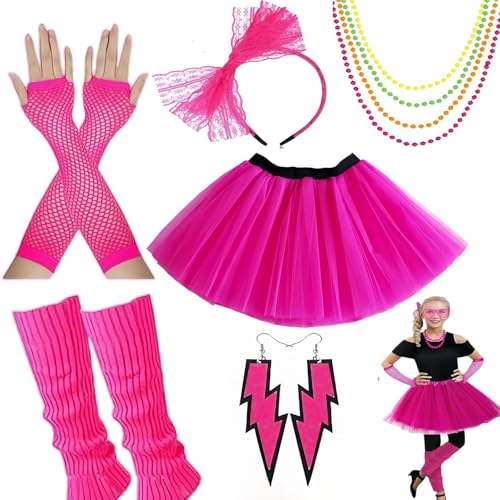 Ymoryiyi 80er/90er Jahre Outfit Damen | Vollständiges Kostüm-Set mit Tutu + 4 Halsketten + Blitz-Ohrringen | Madonna inspiriertes Neon-Partyoutfit in Pink (Netzhandschuhe & Beinstulpen) von Ymoryiyi
