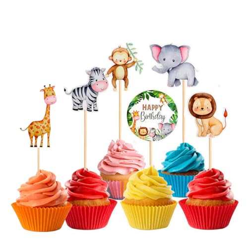 24STK Dschungel Muffin Deko Geburtstag Waldtiere Deko Cupcake Toppers Safari Tiere Tortendeko Elefanten Löwen Affen Giraffen Tortenfiguren Kuchendeko Geburtstagsdeko für Kinder Junge von Ymxil