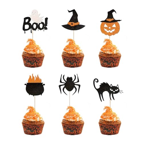 24STK Halloween Muffin Deko Cupcake Toppers, Halloween Tortendeko Kuchen Deko Schwarz Orange Kürbis Geist Katze Spinne Muster Obstgabeln Piekser Fingerfood Obstspieße Kinder Party Zubehör 24STK Halloween Muffin Deko Cupcake Toppers, Halloween Tortendeko Kuchen Deko Schwarz Orange Kürbis Geist Katze Spinne Muster Obstgabeln Piekser Fingerfood Obstspieße Kinder Party Zubehör von Ymxil