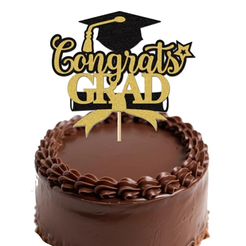 Congrats Grad Tortendeko Abschluss 2025 Cake Topper Glitzer Gold Schwarz Bachelor Hut Kuchen Deko Graduation Muffin Deko Bestandenen Master ABI Abitur Party Zubehör (15.6 * 13.5cm) von Ymxil