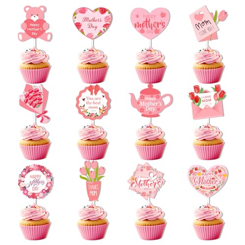 Kuchendekorationen zum Muttertag, 12 Stück, "Happy Mothers Day", "Best Mum I Love Mom", Cupcake-Topper, rosa Herz-Blumenmuster, Kuchendekorationen, Muffins, Dessert, Lebensmittel-Picker, Kuchendekorationen zum Muttertag, 12 Stück, "Happy Mothers Day", "Best Mum I Love Mom", Cupcake-Topper, rosa Herz-Blumenmuster, Kuchendekorationen, Muffins, Dessert, Lebensmittel-Picker, von Ymxil