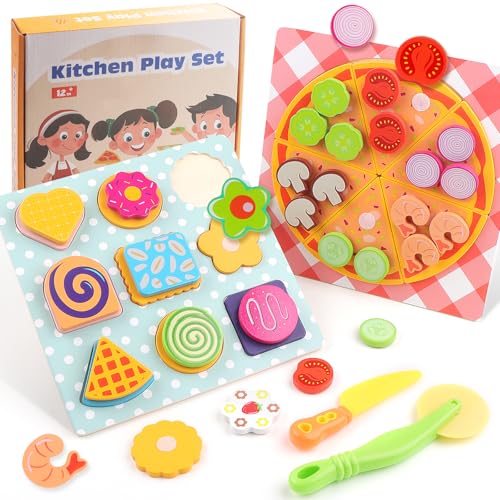 YnewL Kinderküche Zubehör Pizza Set Holz - 37 Teiliges Pizza Spielküche Zubehör, Kinderküche Zubehör Pädagogisches Rollenspiel Lernspielzeug Geschenk von YnewL