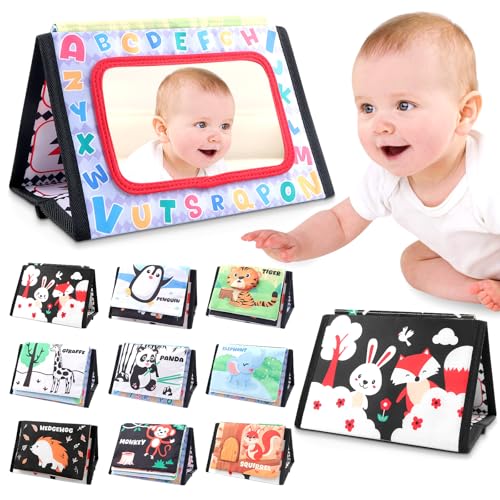 YnewL Kontrastbuch Baby Spielzeug, Baby Spiegel, 0-6 Monate Faltbarer Kontrast, mit Drückendem Geräusch ab 3 Monate Neugeborenes Lernspielzeug Spielzeug Geschenk von YnewL