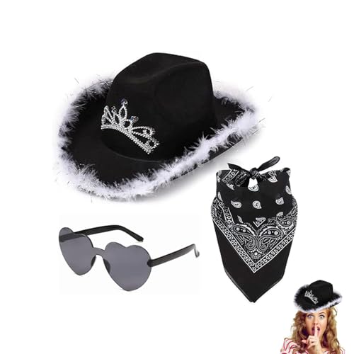 Ynnhik Cowboyhüte für Frauen, Cowgirl-Hüte aus Filz in leuchtenden Farben, attraktives Party-Zubehör aus Polyester mit quadratischem Schal und Herzgläsern Ynnhik Cowboyhüte für Frauen, Cowgirl-Hüte aus Filz in leuchtenden Farben, attraktives Party-Zubehör aus Polyester mit quadratischem Schal und Herzgläsern von Ynnhik