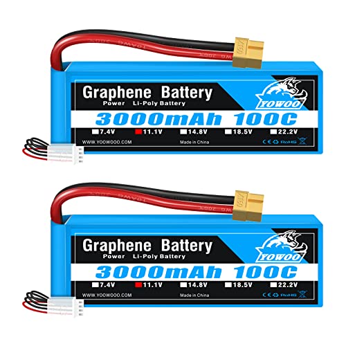 Yowoo 2 Pack Lipo Akku 3S 3000mAh 11.1V 100C RC Lipo Graphen Batterie mit XT60 Stecker für RC Flugzeug UAV Drohne FPV RC Hubschrauber RC Evader BX Auto RC LKW RC Truggy von YoWoo Power