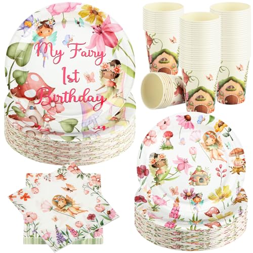 Yoande 200 Stück My Fairy 1st Birthday Party Geschirr-Set Feen-Geburtstagsparty-Zubehör enthält Pappteller, Dessertteller, Tassen und Servietten für 50 Gäste, Feen-Geburtstagsparty (Fee) von Yoande