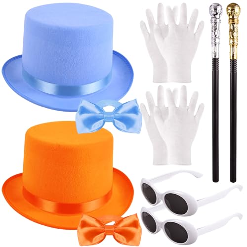 Yoiemivy 10-teiliges Zylinderhut-Kostüm-Set enthält blaue und orangefarbene Hüte, Gehstöcke, Fliegen, Retro-Sonnenbrille und Handschuhe, Halloween-Kostüm-Set für Parade, Cosplay von Yoiemivy