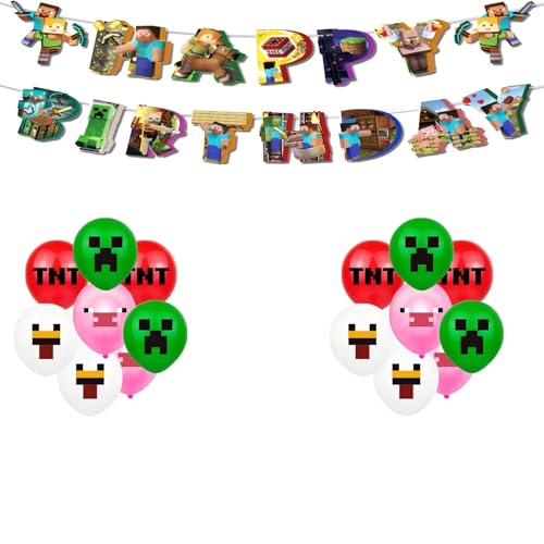 17-teilige Dekoration für Kindergeburtstag, Partydekorationsset, Cartoon-Luftballons, fröhliche Banner, Geburtstagsdeko zum Thema des Spiels für Jungen, Geburtstag Party Supplies von Yoimckay