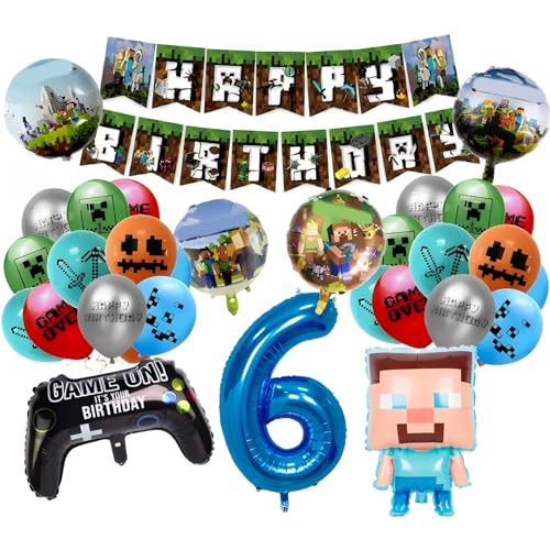 26-teiliges Dekorationsset für Geburtstagsfeiern, Dekoration zum 6. Geburtstag für Kinder, Happy Birthday-Banner, Kuchendekoration, Luftballons, Videospiel-Party, Geburtstagsdeko für Jungen von Yoimckay