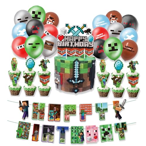 32 Stück Dekoration für Kindergeburtstag, Partydekoration, Happy Birthday, Luftballons, Videospiel-Party, Dekoration, Kuchen, Geburtstagsdeko für Jungen von Yoimckay