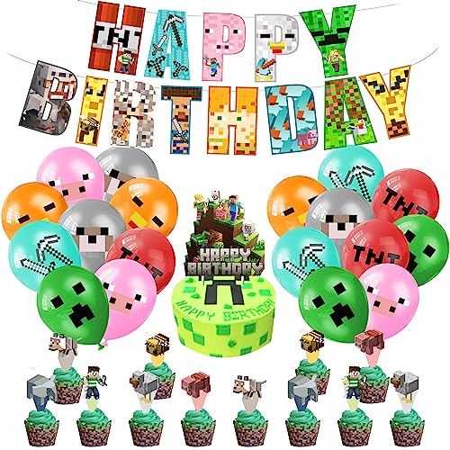 32-teiliges Dekorationsset für Kindergeburtstag, Partydekoration, Cartoon-Luftballons, Kuchendekoration, fröhliche Banner, Geburtstagsdekoration zum Thema Spiel für Jungen von Yoimckay
