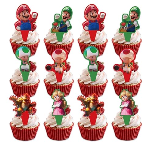 48Pcs Cartoon Super Mario Cake Toppers Wrapper Set, Tortendeko Kuchendekoratio für Kinder, Karikatur Anime Figuren Party Kuchen Deko für Kinder Geburtstag Party Dekoration von Yoimckay
