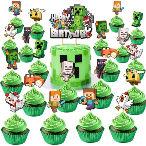 Deko-Set für Torten, 21 Stück, Pixel, Kuchendekoration für Jungen, Video Game, Dekoration, Geburtstag, Spieler, Bergbau-Dekoration, Kuchen, Happy Birthday, Cupcake, Geburtstagsdeko von Yoimckay