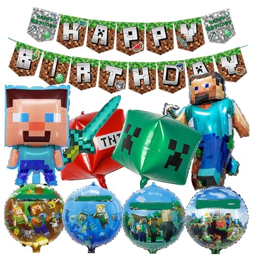 Yoimckay 10 Stück Geburtstag Dekoration Set, Banner Alles Gute zum Geburtstag, Luftballons für Videospiele, Pixel-Luftballon-Set für Geburtstag, Zubehör für Geburtstagsfeiern von Yoimckay
