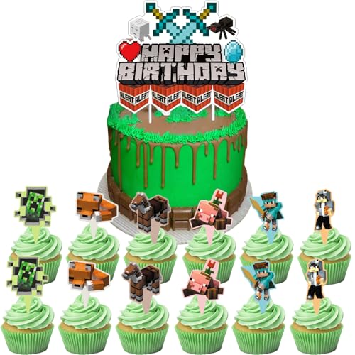 Yoimckay 13 Cartoon kindergeburtstag deko, Pixel tortenaufleger geburtstagsdeko, kindergeburtstag deko, happy birthday tortendeko für Kinder geburtstag, cake topper Spiel Thema für Jungen und Mädchen von Yoimckay