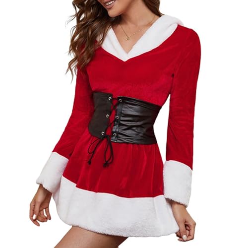Damen Weihnachten Santa Kleid Deluxe Mrs. Claus Kostüm Langarm Kapuzenkleid mit Korsett Gürtel (A-Rot, M) von Yoisdtxc