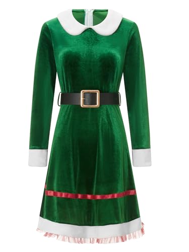 Yoisdtxc 2 Stück Frauen Mädchen Weihnachten Grün Kleid Elfe Langarm mit Gürtel Kostüm für Motto-Party Cosplay (A-Grün, 5-7 Jahre) von Yoisdtxc