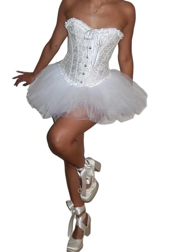 Yoisdtxc 2 Stück Schwanenkostüm für Damen mit Überbrust, trägerlos, rückenfrei, Oberteil und kurzem Tutu-Rock (A-Weiß, XL) von Yoisdtxc