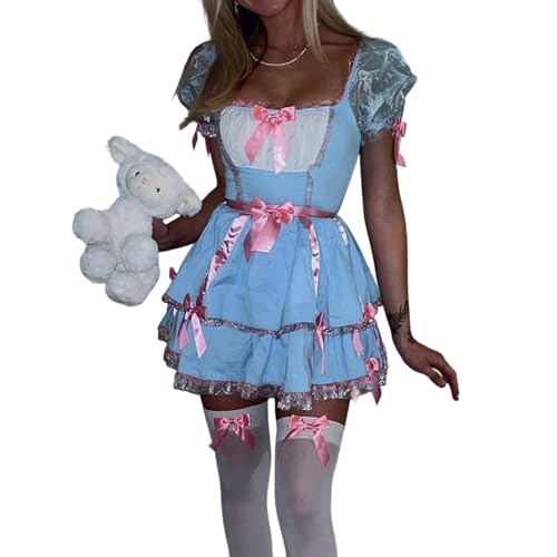 Yoisdtxc 2-teiliges Halloween-Kostüm-Set für Damen, Cosplay, Schleife, Akzent, A-Linie, Kleid, Kragen, Kostüm für Mottoparty, Cosplay, Events (Blau, S) von Yoisdtxc