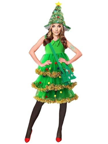 Yoisdtxc 4-teiliges Weihnachtsbaum-Kostüm-Set für Damen, Weihnachtsbaumkleid, Erwachsenen-Outfit mit Tasche, Socken, Stirnband (A-Grün, L) von Yoisdtxc