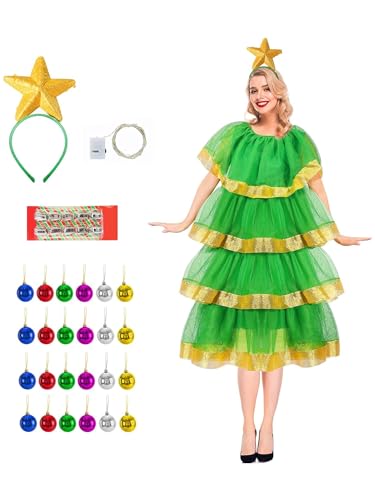 Yoisdtxc 4-teiliges Weihnachtsbaum-Kostüm-Set für Damen, Weihnachtsbaumkleid, Erwachsenen-Outfit mit Tasche, Socken, Stirnband (B-Grün, L) von Yoisdtxc