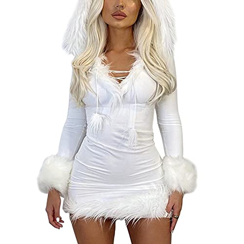 Yoisdtxc Damen Mrs. Claus Kostüm Rot Weihnachtsmann Kleid Kapuze Weihnachtskleider Faschingskostüm Cosplay Outfit (Cb White, S) von Yoisdtxc