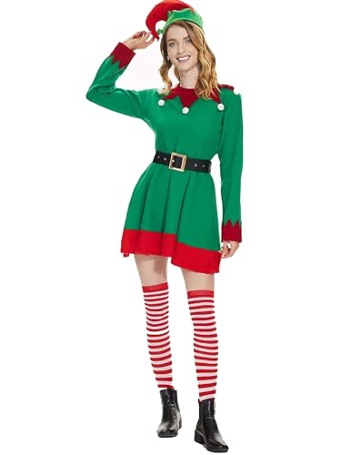 Yoisdtxc Damen Weihnachtself Kostüme Kleider mit Gürtel, gestreifte Strümpfe und Hüte Set für Cosplay Rollenspiel Party Outfits (B-Grün, L) von Yoisdtxc