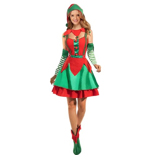 Yoisdtxc Frauen Weihnachtself Kostüme süßes ärmelloses Kleid mit Hut Arm Ärmel Set für Cosplay Rollenspiel Party Outfits (A-Rot, L) von Yoisdtxc