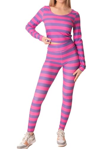 Yoisdtxc Frauenkostüm für Halloween, Party, Grinsekatze, gestreift, langärmelig, Strampler, Tier-Cosplay-Outfit (A-Fuchsia, L) von Yoisdtxc