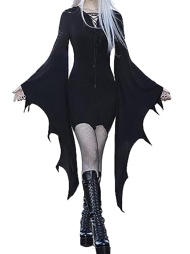 Yoisdtxc Halloween Kleid Damen Spitze Fledermausärmel Schwarz Gothic Lolita Spitzenkleid Reißverschluss Slim Fit Kleid Cosplay Kostüm Set (B-Schwarz, XL) von Yoisdtxc