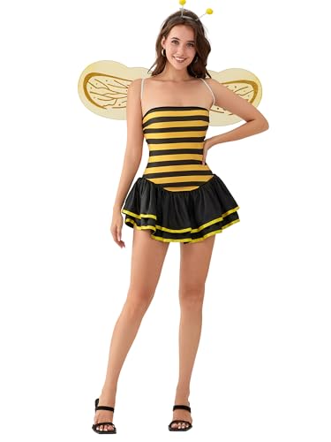 Yoisdtxc Halloween-Kleid für Damen, klassisch, gestreift, figurbetont, mit Flügeln, Minikleid für Cosplay (A-Gelb, M) von Yoisdtxc