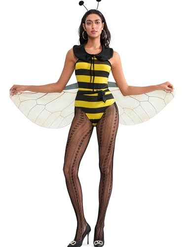 Yoisdtxc Halloween-Kleid für Damen, klassisch, gestreift, figurbetont, mit Flügeln, Minikleid für Cosplay (B-Gelb, S) von Yoisdtxc