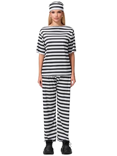 Yoisdtxc Halloween-Kostüm-Set für Damen, gestreift, Häftlinge, Cosplay-Outfit (mehrfarbig, Einheitsgröße) von Yoisdtxc