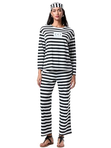 Yoisdtxc Halloween-Kostüm für Damen, Häftlinge, lustig, gestreift, Cosplay-Outfit (A-Elfenbein, M) von Yoisdtxc