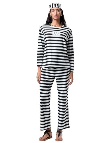 Yoisdtxc Halloween-Kostüm für Damen, Häftlingskostüm, lustig, gestreift, Cosplay-Outfit (A-Schwarz, M) von Yoisdtxc
