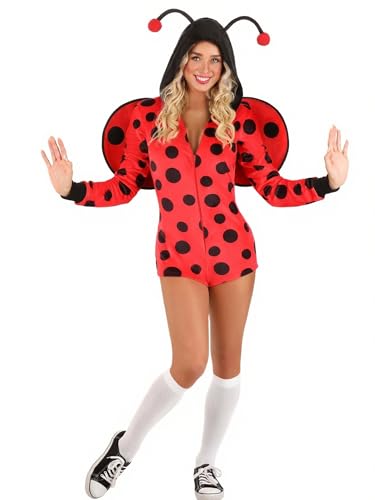 Yoisdtxc Halloween-Kostüm für Damen, Marienkäfer, Reißverschluss mit Flügelhaube, Antennen, Mini-Strampler für Cosplay (A-Red, S) von Yoisdtxc