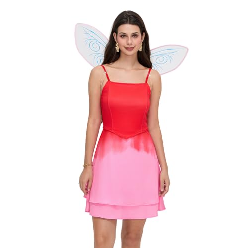 Yoisdtxc Halloween-Kostüm für Damen und Mädchen, Batikdrucke, ärmelloses Kleid und Schmetterlingsflügel, Set für Cosplay-Party-Outfits (Rot, Erwachsene, S) von Yoisdtxc