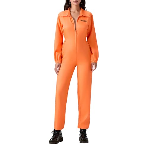 Yoisdtxc Halloween-Kostüm für Erwachsene, Motiv: Häftlinge, Zahlenaufdruck, langärmelig, Revers, Reißverschluss, Overall, Gefängnisstrafkleidung (A Orange, Damen, XXL) von Yoisdtxc