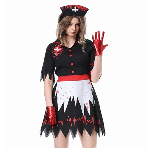 Yoisdtxc Halloween-Krankenschwester-Kostüm für Damen, Zombie-Krankenschwester-Kostüm, blutiges Cosplay-Kostüm (Schwarz, M) von Yoisdtxc