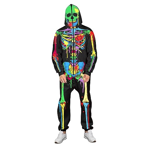 Yoisdtxc Jumpsuit für Herren und Damen, Halloween-Kostüm, langärmelig, mit Kapuze, Skelett-Druck, Cosplay-Kostüm (3, S) von Yoisdtxc