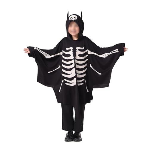 Yoisdtxc Skelett Fledermaus Umhang Kostüm Kinder Halloween Fledermaus Kostüm für Mädchen und Jungen (Schwarz, 5-6 Jahre) von Yoisdtxc