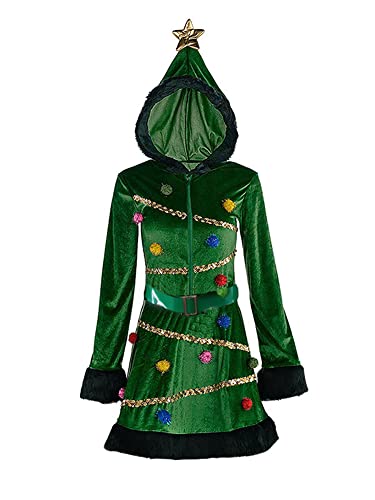 Yoisdtxc Weihnachtsbaum Dress Up Damen Samt Kapuze Pailletten Kleid Neuheit Kostüm mit Gürtel (A-Grün, L) von Yoisdtxc